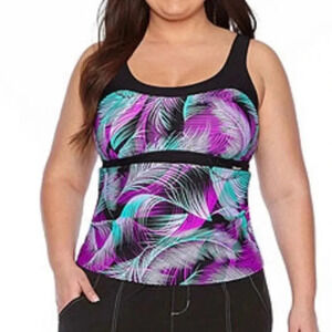 NWT Zeroxposur Plus Size Tankini Swim Top Size 2X 20W Purple Teal Feather